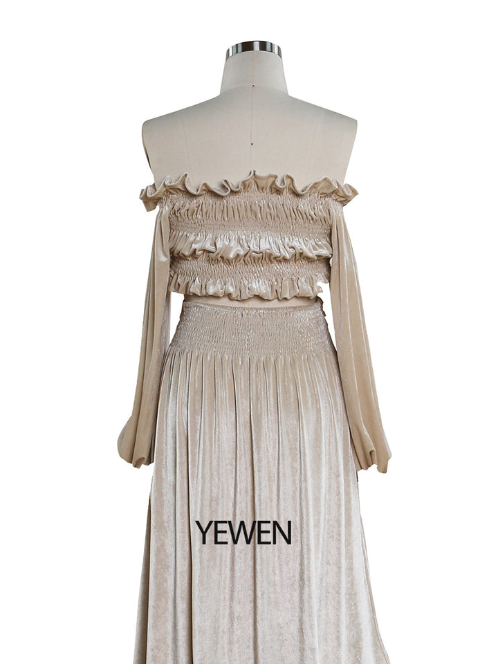 Zweiteiliges Set aus creme-beigem Samt-Crop-Top und langem Rock, Maxi-Samtkleid für Damen mit Beinschlitz, YW220929 