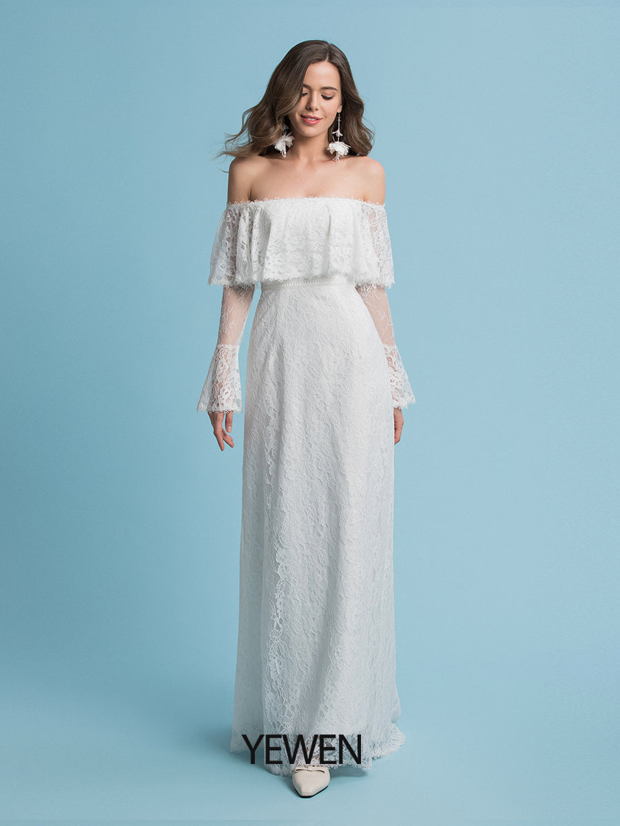 Boho A-Linie Brautkleider Schulterfrei Hofschleppe Spitze Normale Träger Bodenlang 