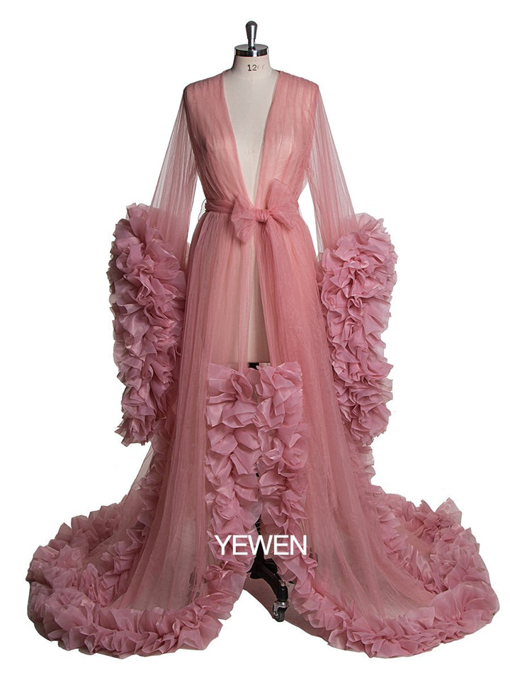 Sexy Abendkleid Langarm Damen V-Ausschnitt Rüschen Ballkleid