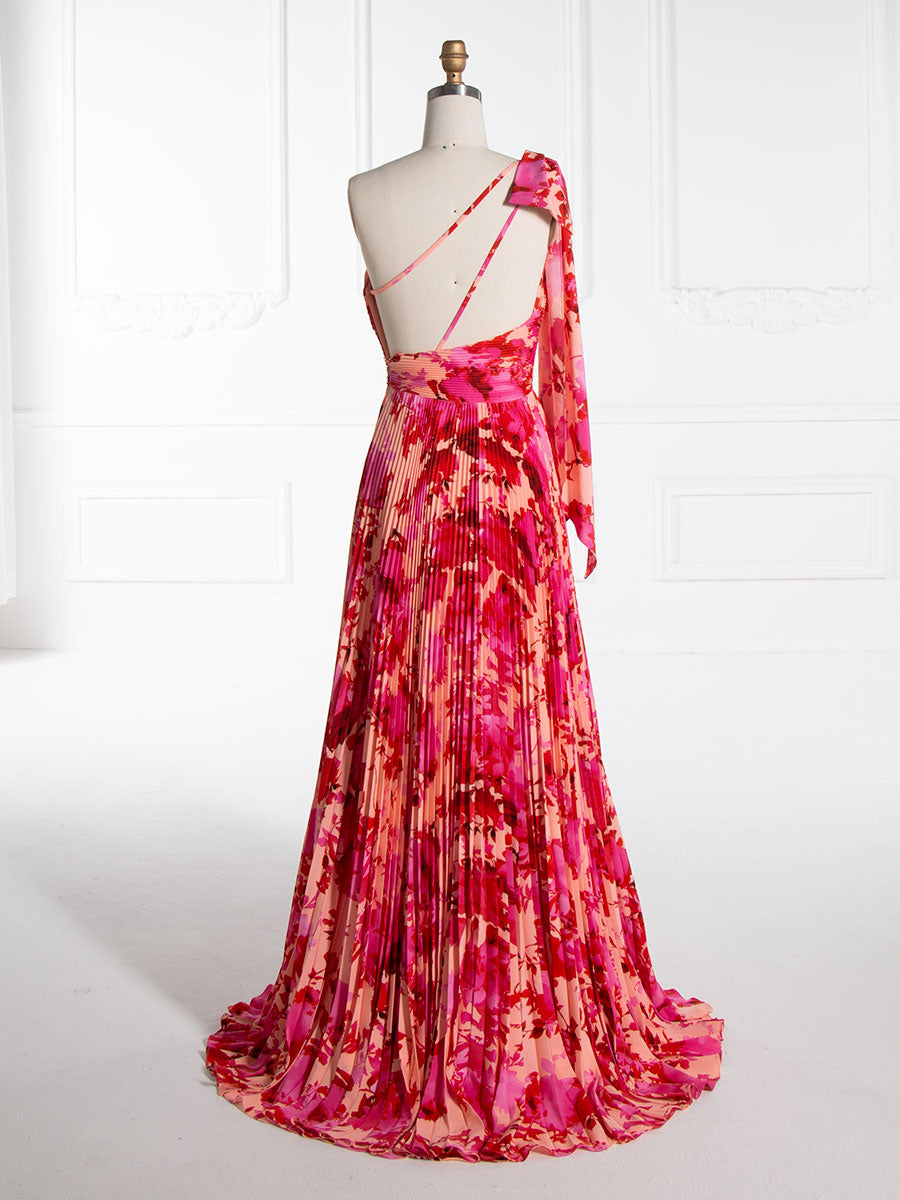 A-line, Asymmetrica Red Printed Pleated, Prom Party Dresses, Floor Length
