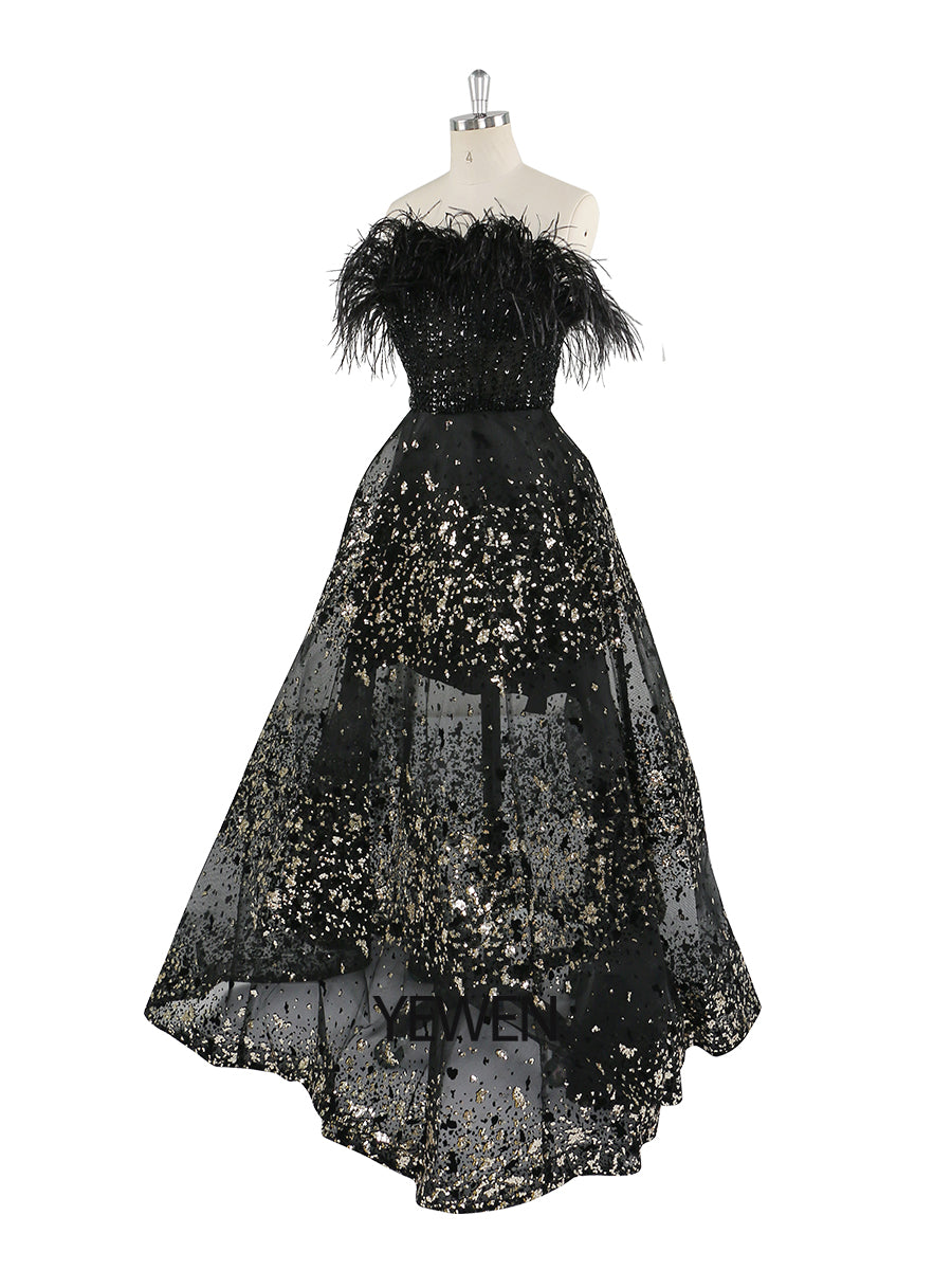 Schwarzes A-Linien-Abendkleid mit Perlen und Federn, Luxus-Hochzeitskleid, YEWEN 