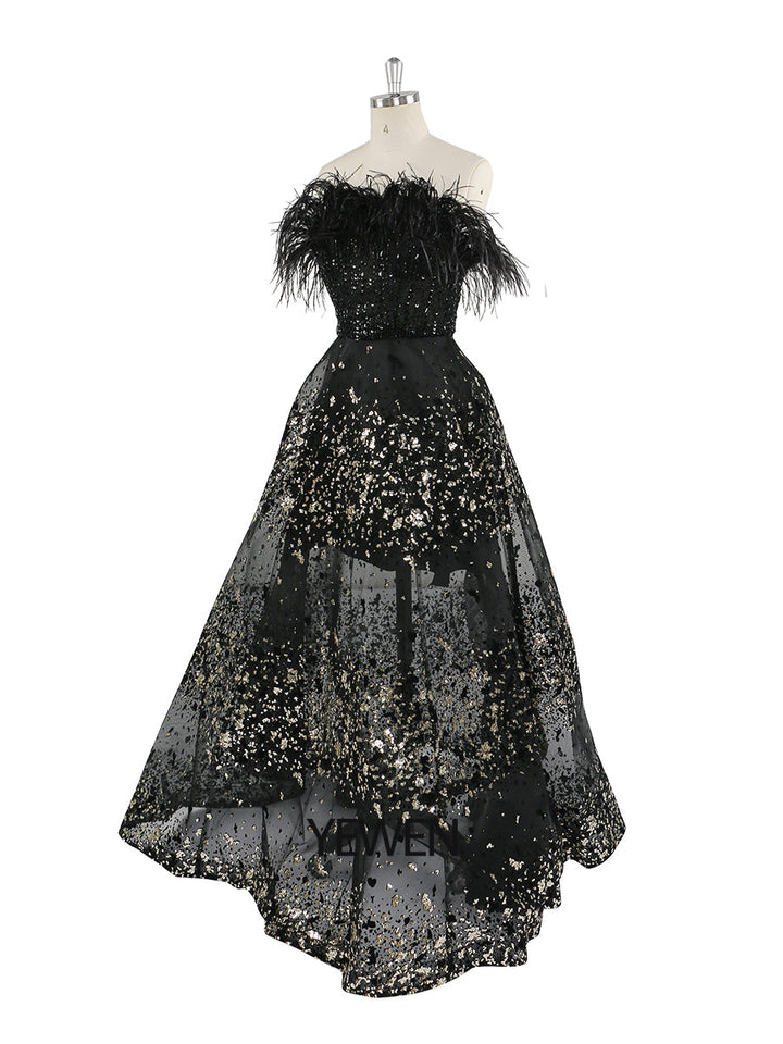 Schwarzes A-Linien-Abendkleid mit Perlen und Federn, Luxus-Hochzeitskleid, YEWEN 