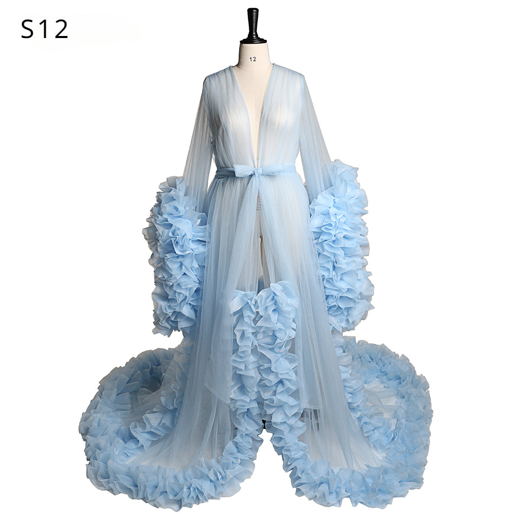 Sexy Abendkleid Langarm Damen V-Ausschnitt Rüschen Ballkleid