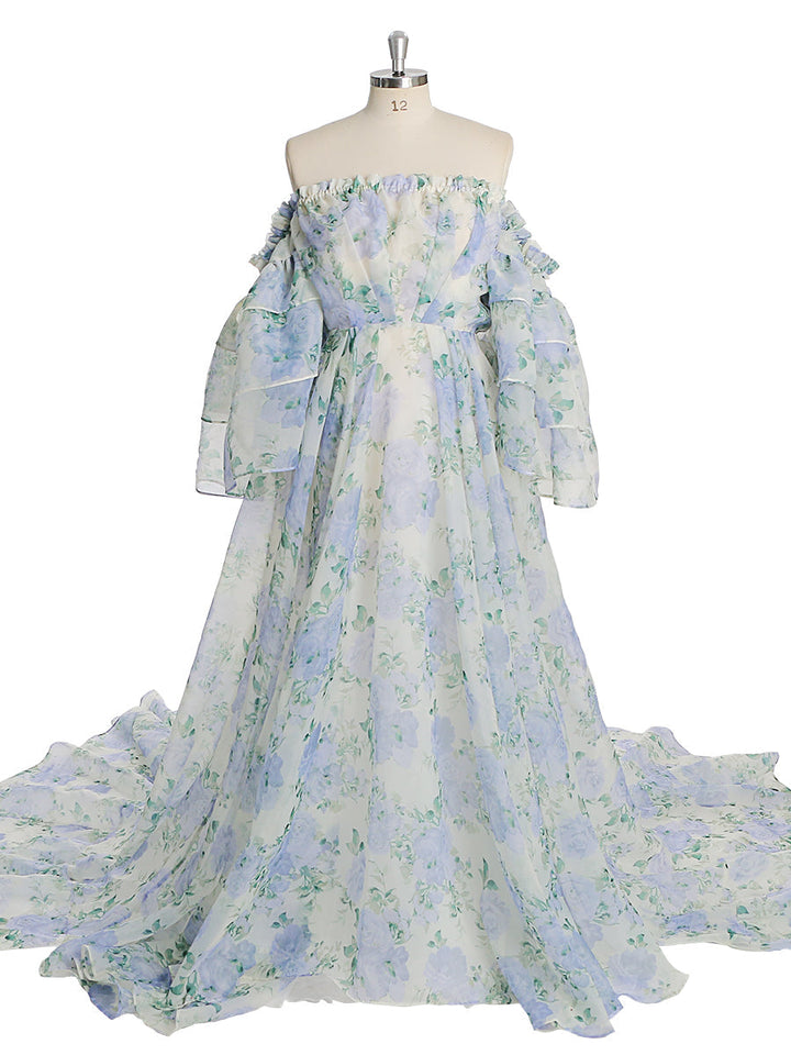 Trägerloses Umstandskleid Fotoshooting Print Floral Seide Weicher Organza Frau Maxikleid Seitenschlitz YW231002 