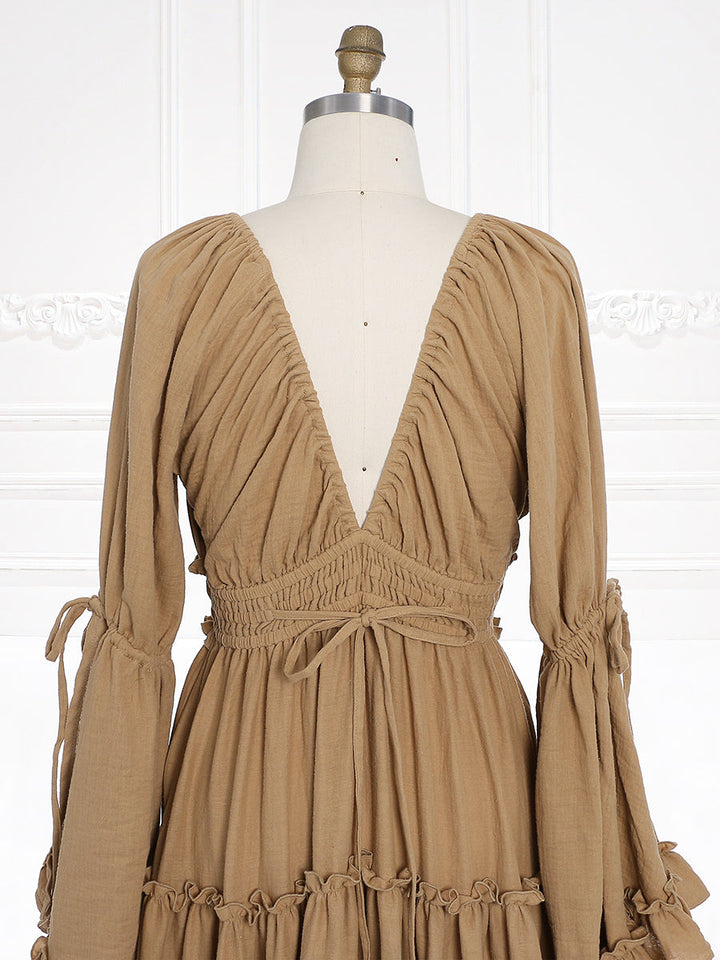 Lange Ärmel V-Rücken Elastische Taille Frau Boho Maxikleid Fotoshooting Kleider Outfit YW231112 