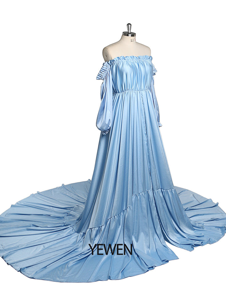 Schulterfreies Abendkleid mit langen Ärmeln und Schlitz vorne, Fotografie-Kleid, Umstandskleid für Babyparty, YEWEN YW220316 
