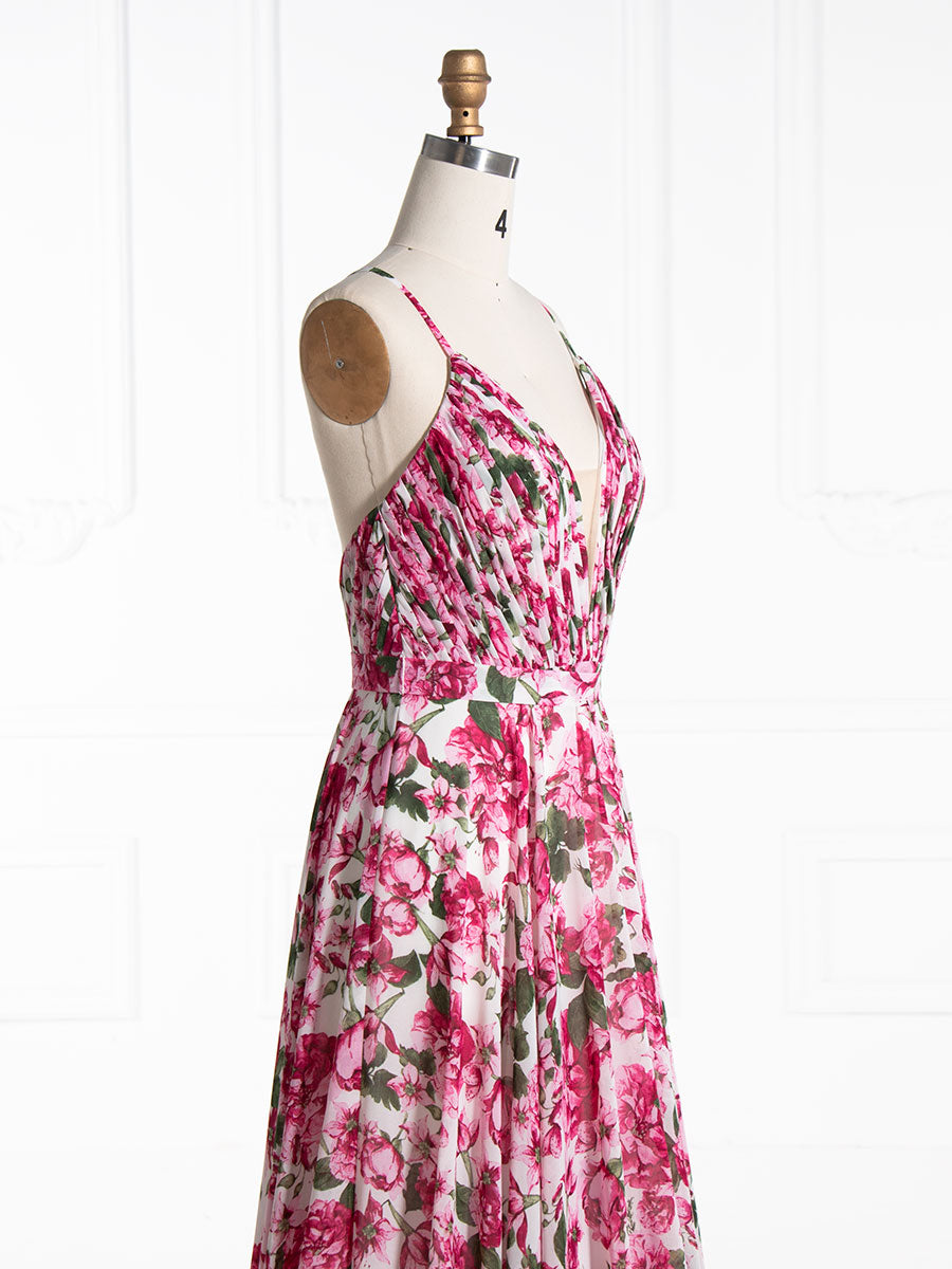 A Line, V Neck ,Printed Prom Dresses, Floor Length