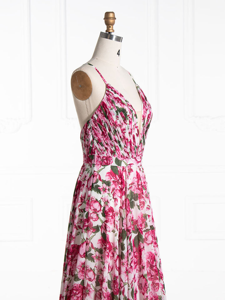 A Line, V Neck ,Printed Prom Dresses, Floor Length