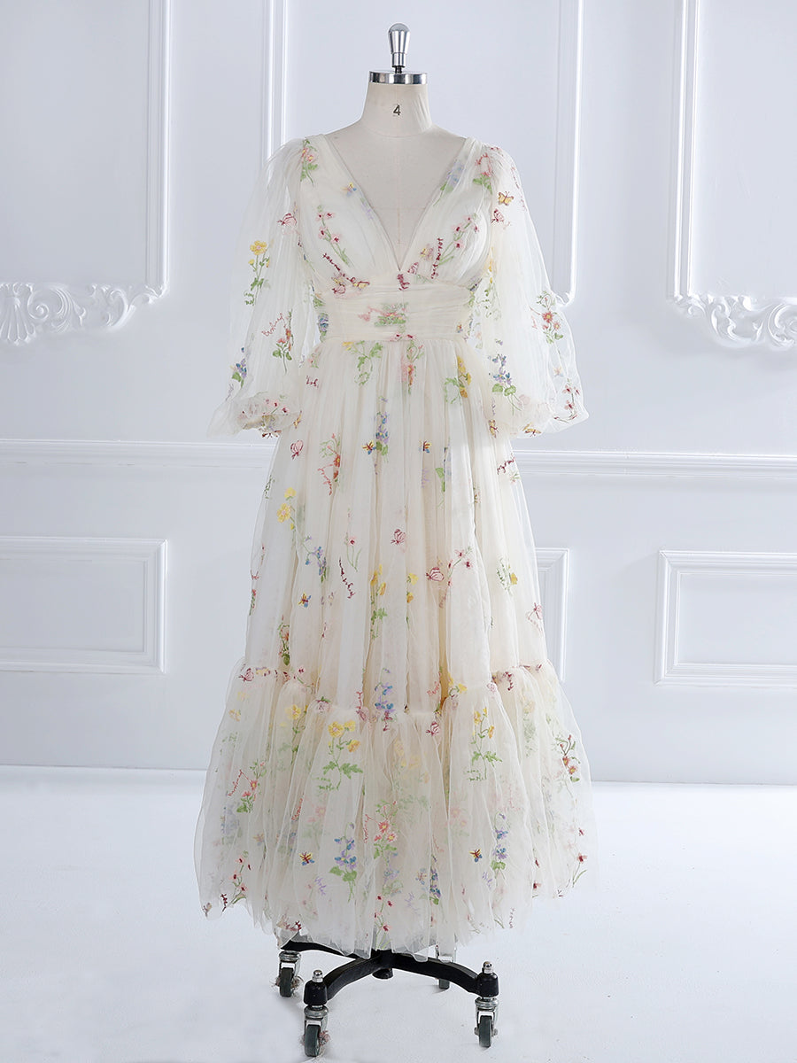 V-Neck , Embroidery Tulle , Puffy Sleeves,  Tea Party Dresses