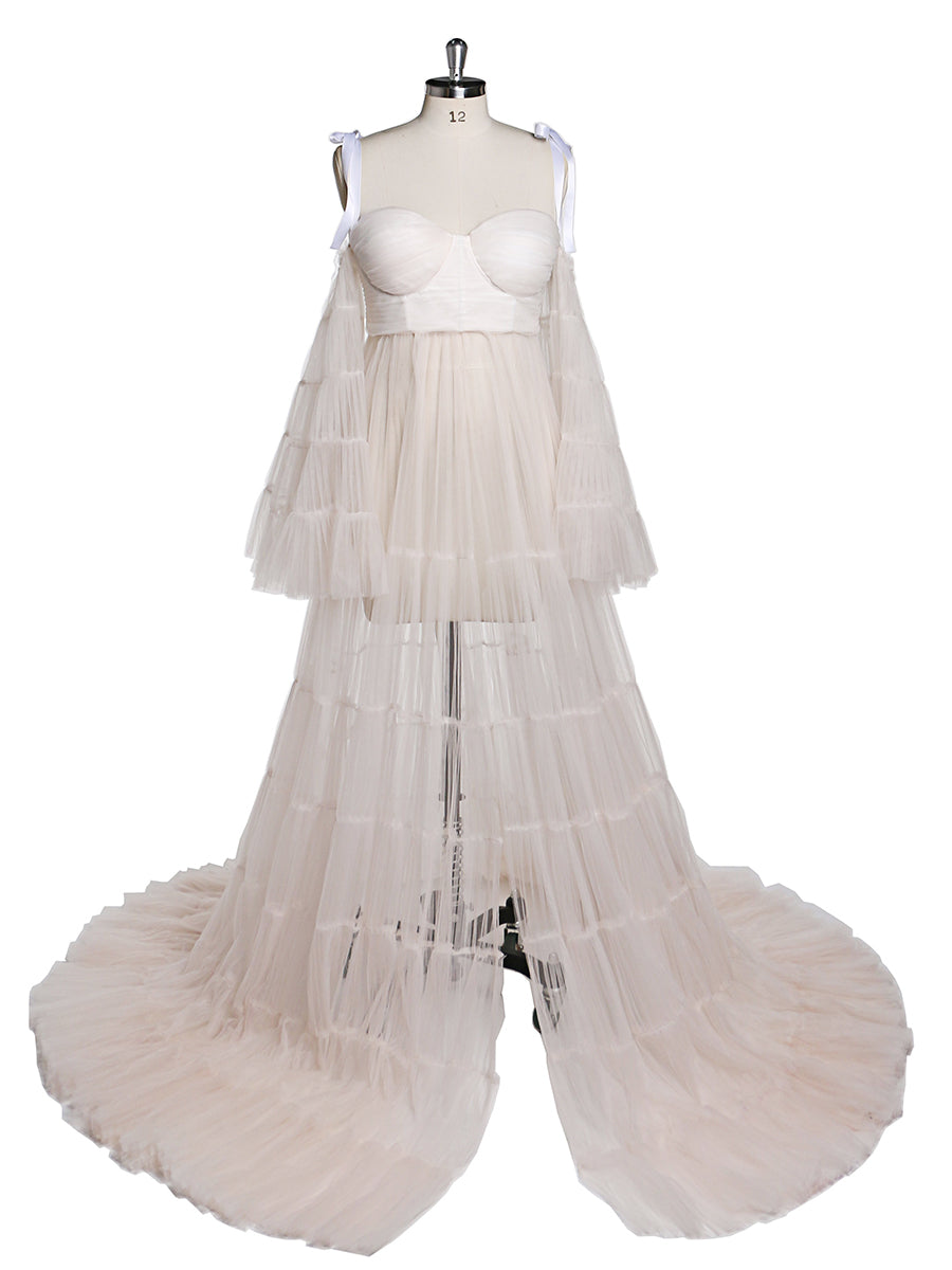 Plissiertes Umstandskleid aus Tüll für Fotoshootings, große ausgestellte Ärmel, Fotoshooting-Kleid für Damen, YW21025