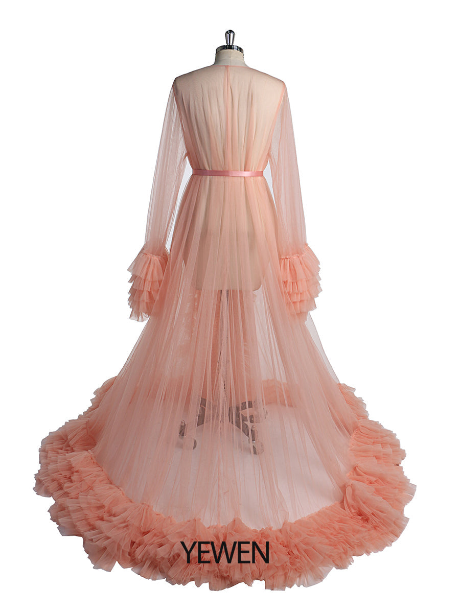 Lachsfarbenes Tüll-Abendkleid mit langen Ärmeln, Umstandskleid, Foto-Shooting, Foto-Requisiten, Fotografie-Kleid, YW231059 