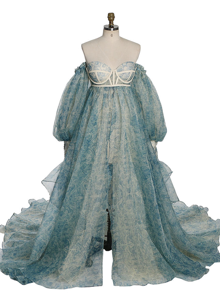 Umstandskleid Fotoshooting Print Blumenmuster Seide Weicher Organza Schulterfreies Maxikleid mit Schleppe YW230305 