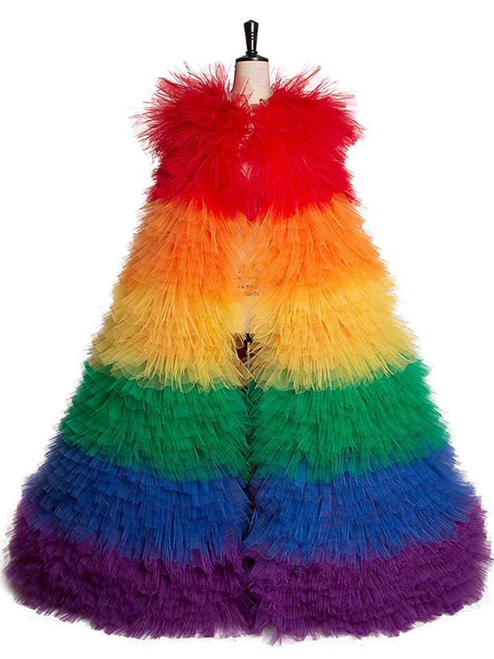 Wunderschöner Regenbogen-Tüll-Abschlussball-Abend-Umstandsmantel für Damen, Hochzeitsjacke, eleganter Promi-Umhang, Fotografie-Requisiten, YEWEN 
