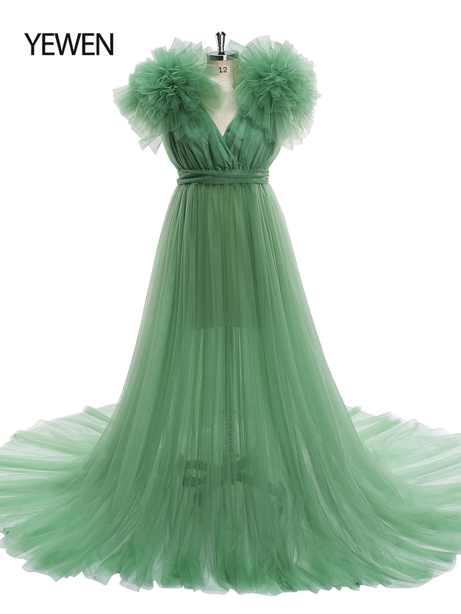 Umstandskleid für Fotoshootings, Bauchschlitz vorne, Schulterrüschen, Fotografie-Maxikleid, Babyparty-Kleid YD217051 