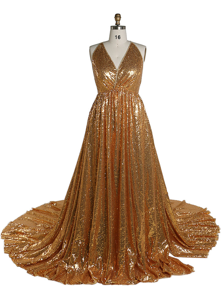 Gold Pailletten Elastische Taille Abendkleider Foto-Shooting Fotografie Kleid YW220401-1 