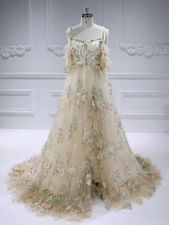 Sleeveless, V-Neck , Embroidery Lace, Prom Gown Photo Shoot Dress with Ruffle Detail