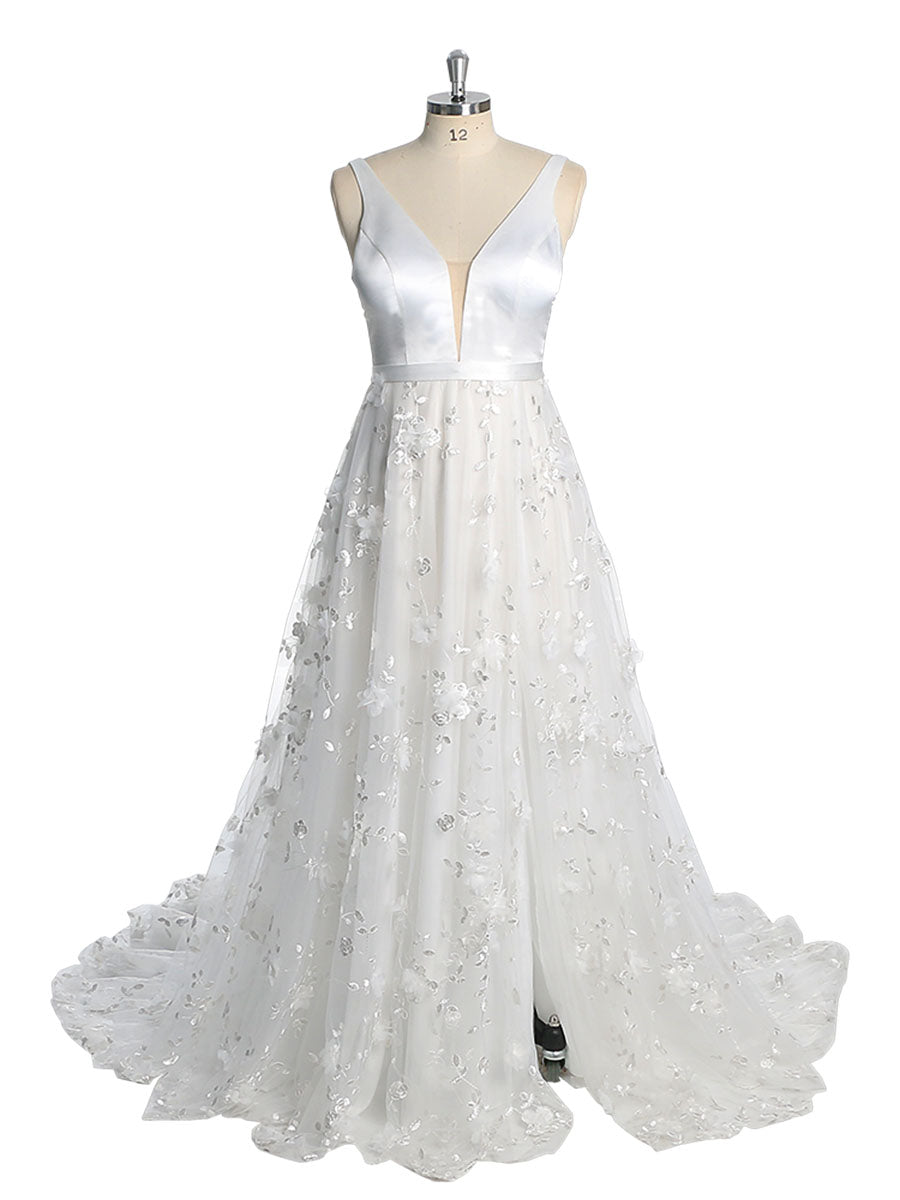 Doppelter V-Ausschnitt Tüll Spitze Bohemian Strand Brautkleid YW230217