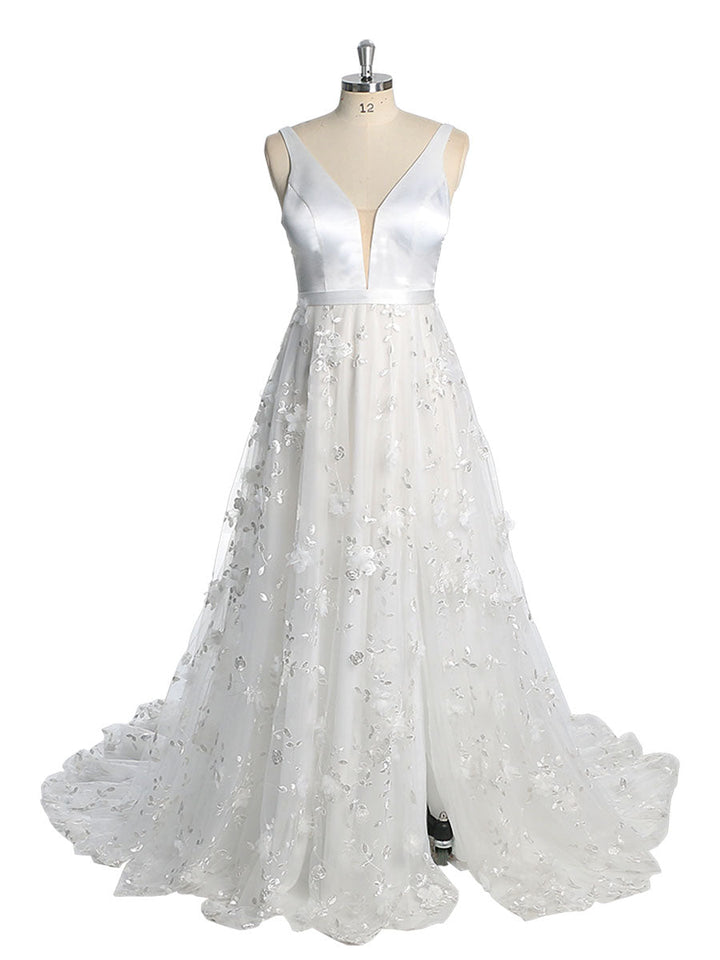 Doppelter V-Ausschnitt Tüll Spitze Bohemian Strand Brautkleid YW230217