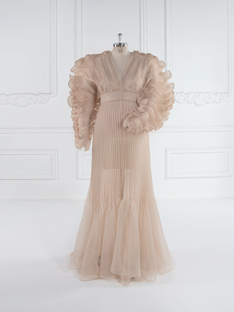 V-Ausschnitt, plissiertes Organza-Umstandskleid für Fotoshootings, langes Kleid für Schwangerschafts-Shootings, Babyparty-Kleider YW243116 