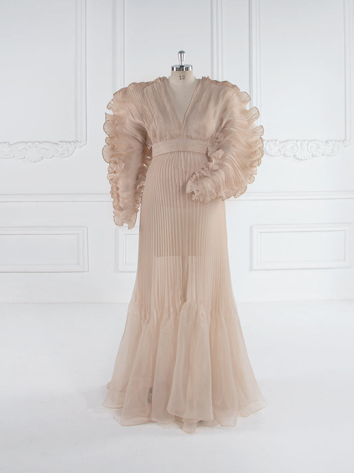 V-Ausschnitt, plissiertes Organza-Umstandskleid für Fotoshootings, langes Kleid für Schwangerschafts-Shootings, Babyparty-Kleider YW243116 