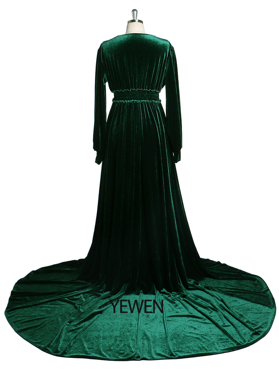 Winter-Abendkleid aus Samt mit V-Ausschnitt, langen Ärmeln, Stretch-Taille, seitlicher Schlitz, Fotoshooting-Kleid, Umstandskleider YD211030 