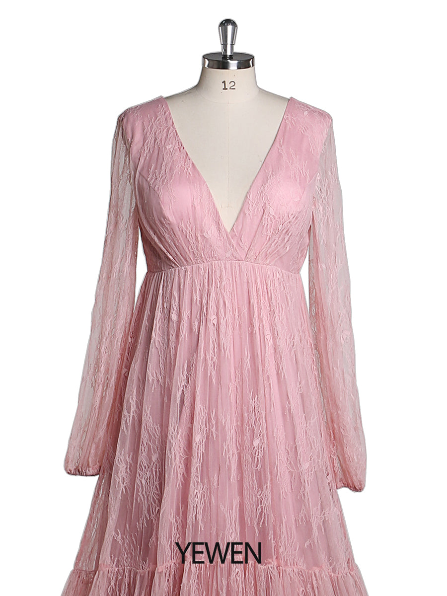 Elegantes Abendkleid mit V-Ausschnitt und langen Ärmeln aus Spitze, Umstandskleid für Fotografie, Babyparty, YW2046