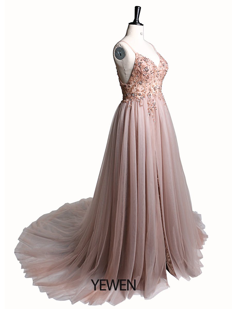 Sexy Partykleid mit Perlen besetztem Spaghettiträger, rückenfreies Maxikleid aus Tüll mit 60 cm Schleppe