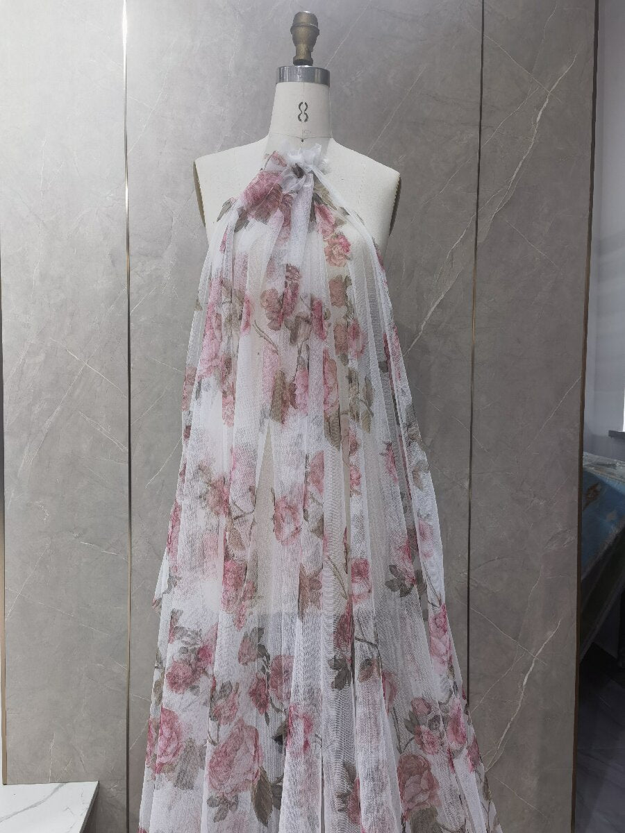 Elegant Long Flare Sleeve, A Line, Prom Dresses, Printing Tulle Photo Shoot Gown