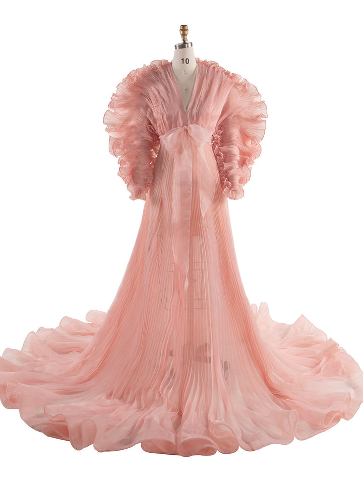 V-Ausschnitt, plissiertes Organza-Umstandskleid für Fotoshooting, großer Rock, transparentes Kleid für Schwangerschafts-Babyparty, YW250013 