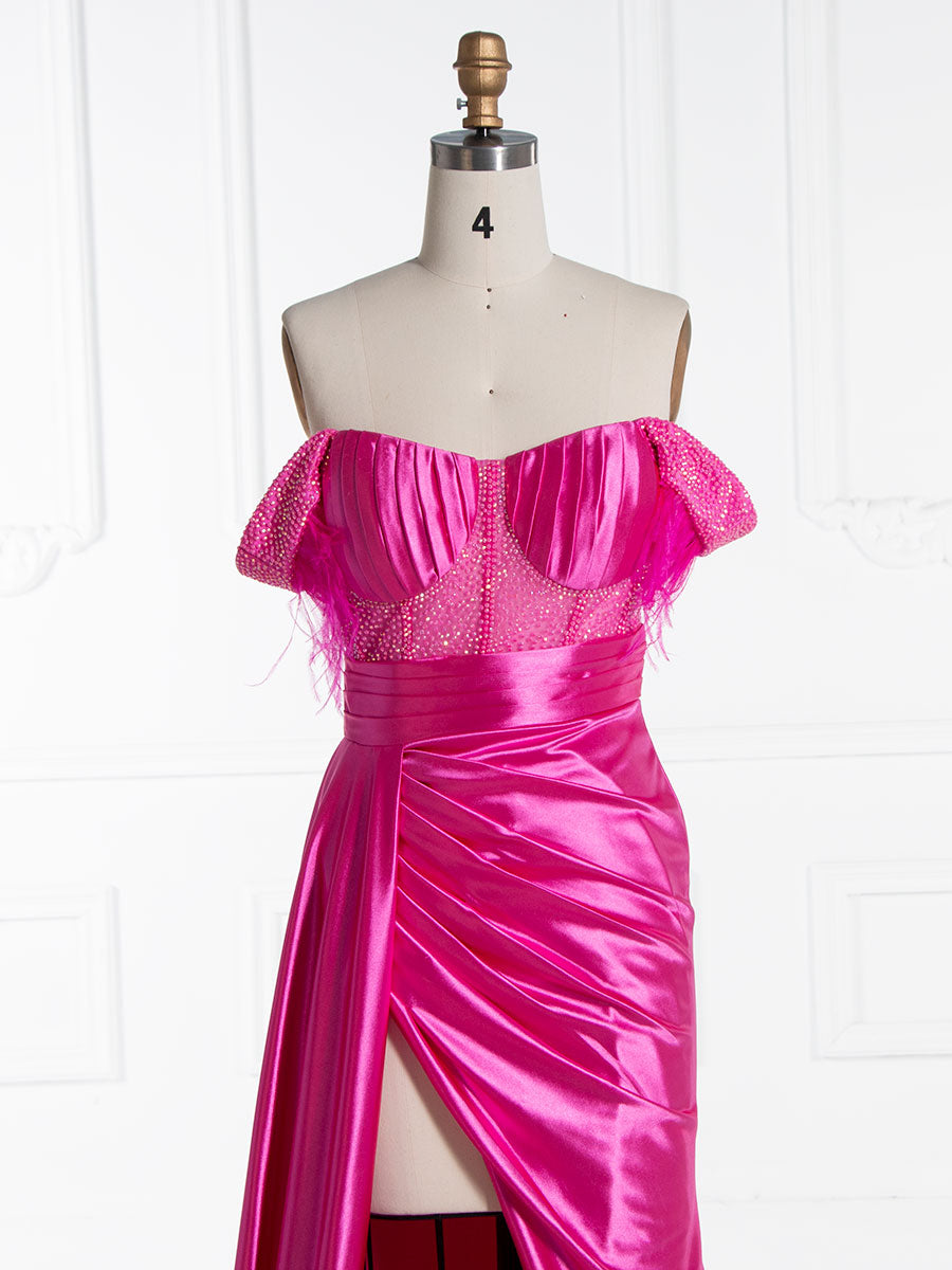 Trumpet/Mermaid Off Shoulder, High Leg Slit ,Satin Prom Dresses