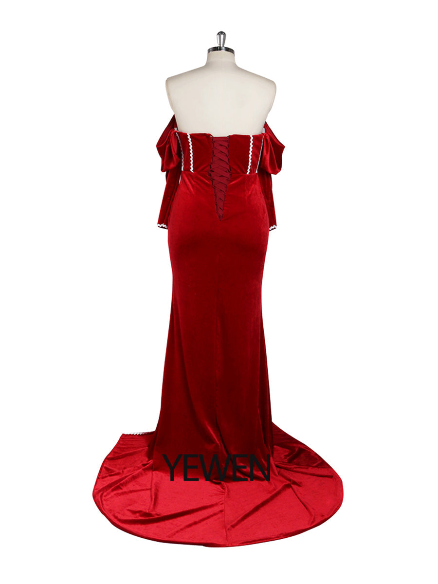 Langärmliges, schulterfreies rotes Samt-Meerjungfrauen-Ballkleid mit Seitenschlitz für Fotoshootings YW230747