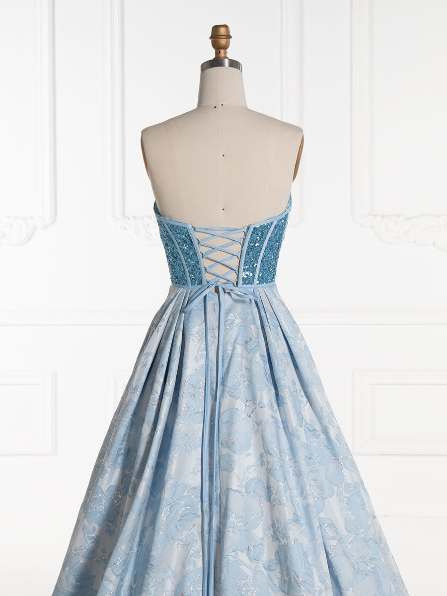 Elegant Sweetheart Blue Sequin Corset, Top Jacquard, Long Prom Dress