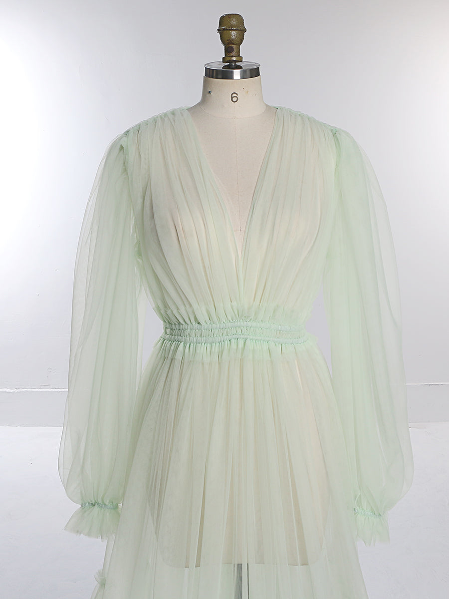 Durchsichtiges, langärmeliges Kleid aus weichem Tüll für Damen, Maxi-Kleid für Fotoshootings, YW231005 