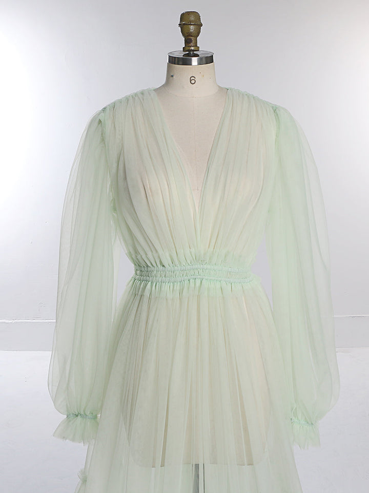 Durchsichtiges, langärmeliges Kleid aus weichem Tüll für Damen, Maxi-Kleid für Fotoshootings, YW231005 