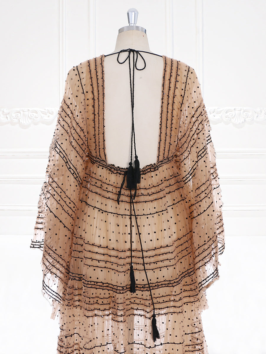 Tan Black Polka Dot Tüll Umstandskleid Frau Boho Robe Strandkleid für Fotoshooting 