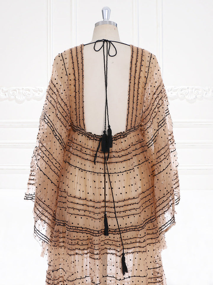 Tan Black Polka Dot Tüll Umstandskleid Frau Boho Robe Strandkleid für Fotoshooting 