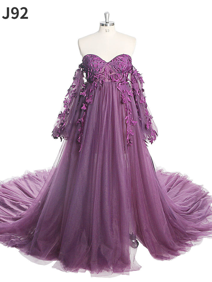 Wunderschöne Langarm Tüll Spitze Blume Mutterschaft Foto-Shooting Kleider Foto-Shootings Kleid für Hochzeitsgäste YW221109