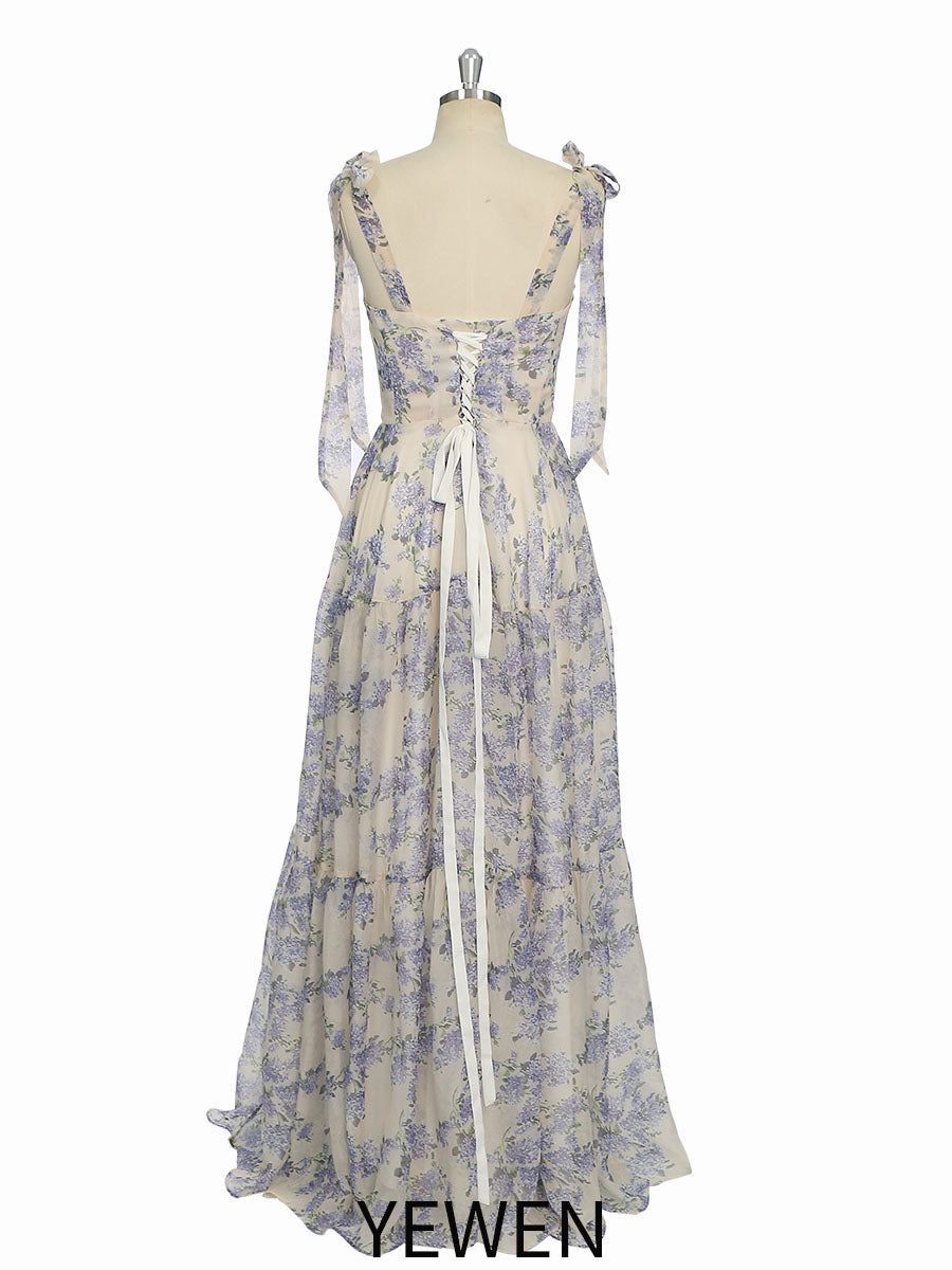 Fashion Sleeveless Blue Floral Print, Prom Dress 