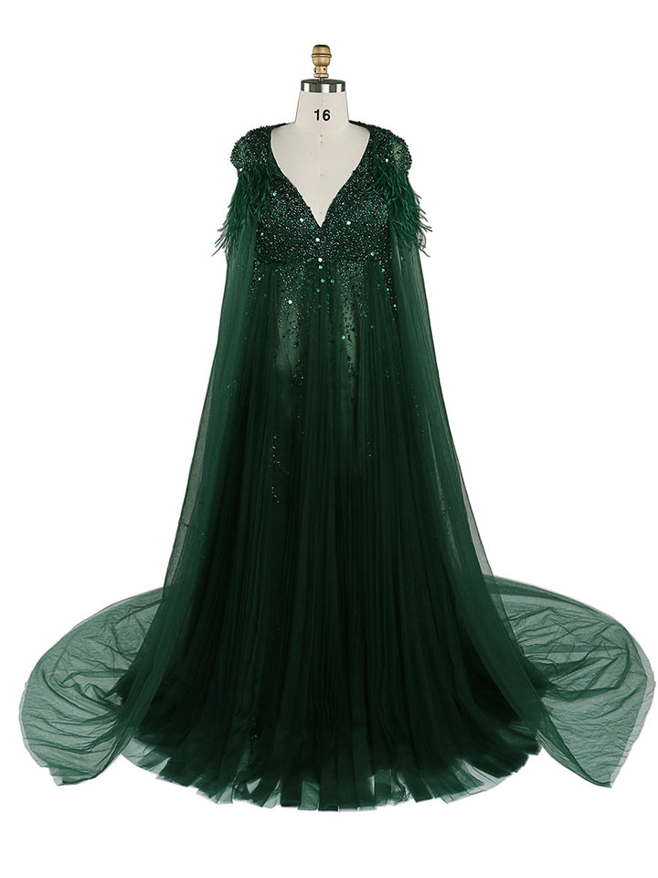 Silbernes Abendkleid aus Tüll mit Perlen und Cape, Umstandskleid für Fotoshootings, Fotografiekleid, Schnürung am Rücken 