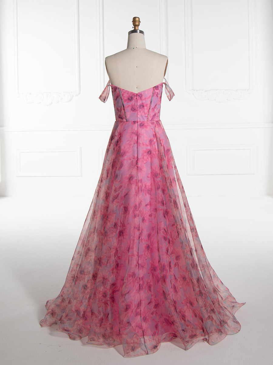 A-line, Elegant Off Shoulder, Printed Prom Dresses
