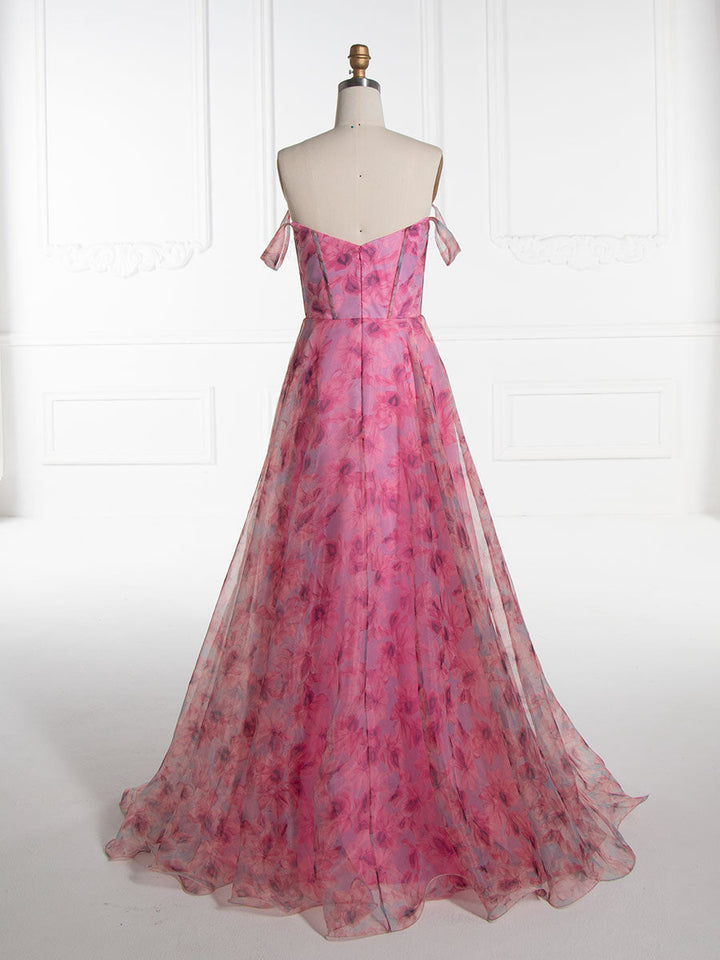 A-line, Elegant Off Shoulder, Printed Prom Dresses