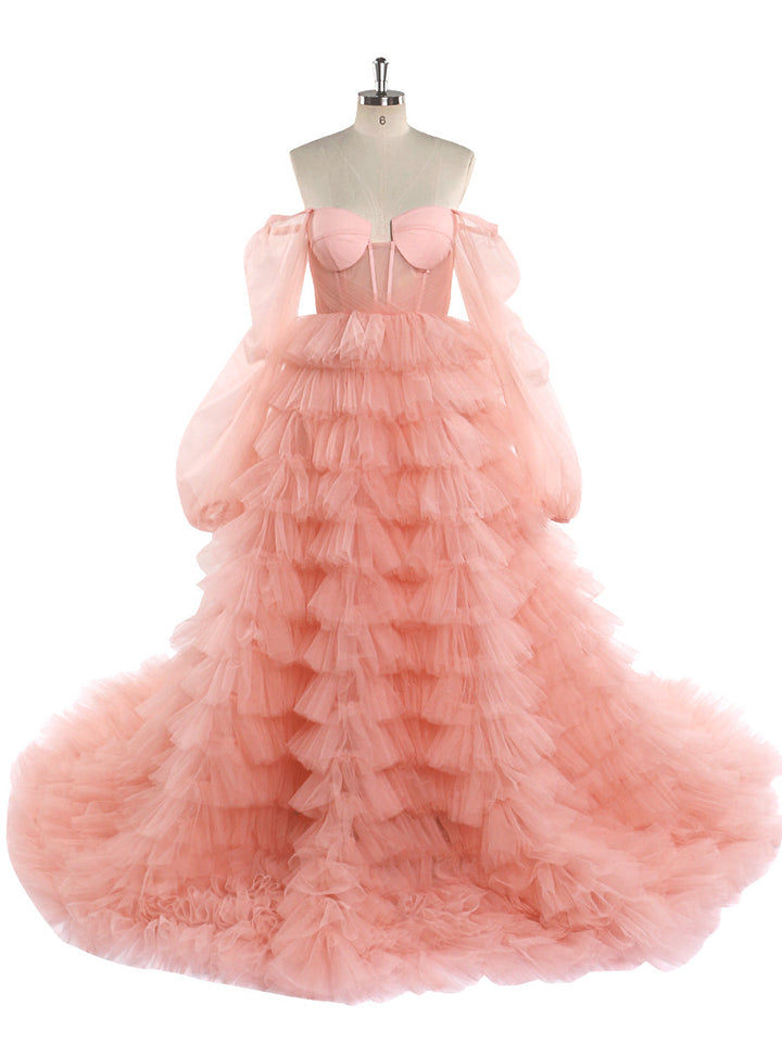 Schulterfreies Tüll-Abschlussballkleid in Rosa, Brautkleid, Fotoshooting-Kleider YW220828 