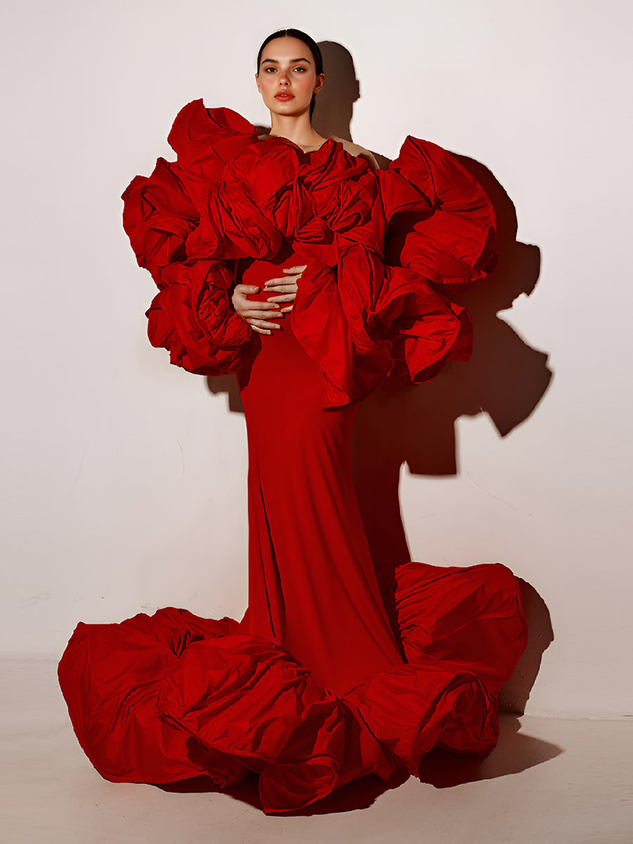 Schwarzes Couture-Meerjungfrauenkleid für Fotoshootings, einzigartige gerüschte Ärmel und rückenfreie Kleider 