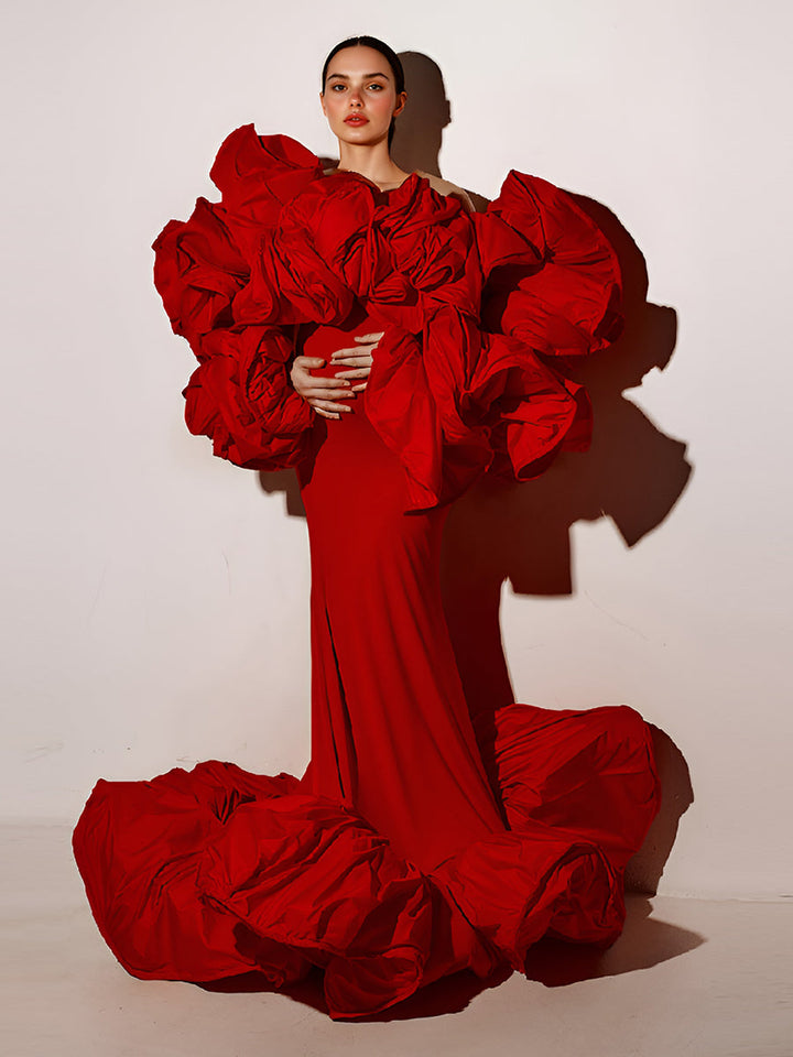 Schwarzes Couture-Meerjungfrauenkleid für Fotoshootings, einzigartige gerüschte Ärmel und rückenfreie Kleider 
