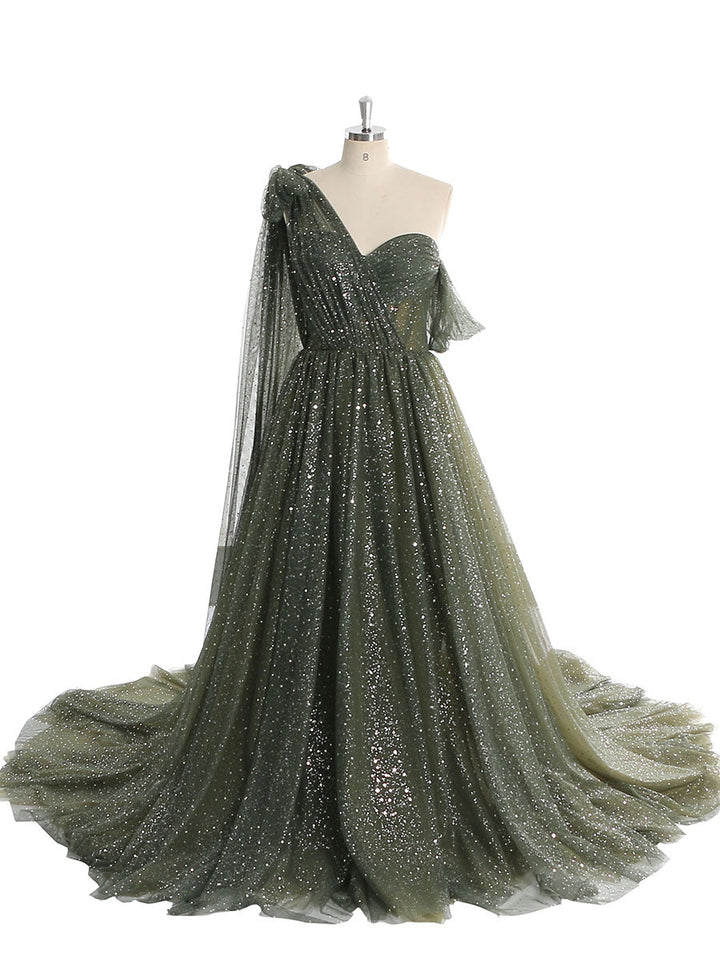 Glitzerndes Tüllkleid mit Sternenhimmel-Fotografie-Kleid, modisches Glitzer-Mesh-Designer-Ballkleid, lang, YEWEN YW010 