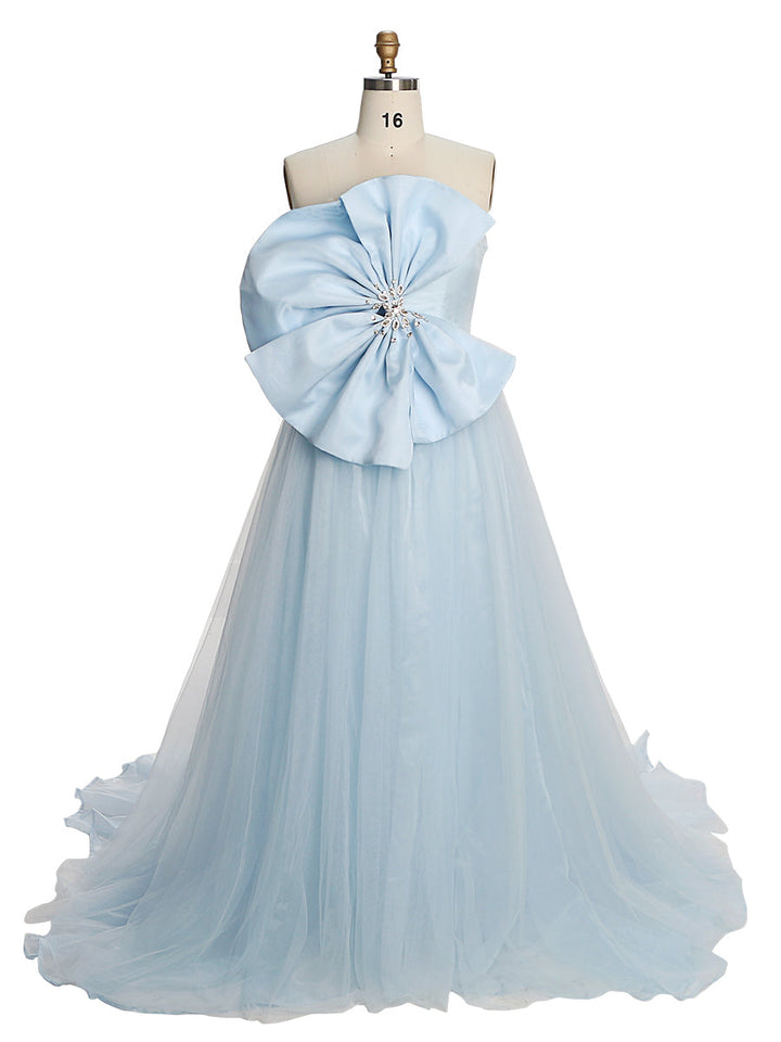 Blaues trägerloses Kleid mit großer Schleife, für Fotografie, Abschlussball, Party, Hochzeit, für Gäste, YEWEN 100059