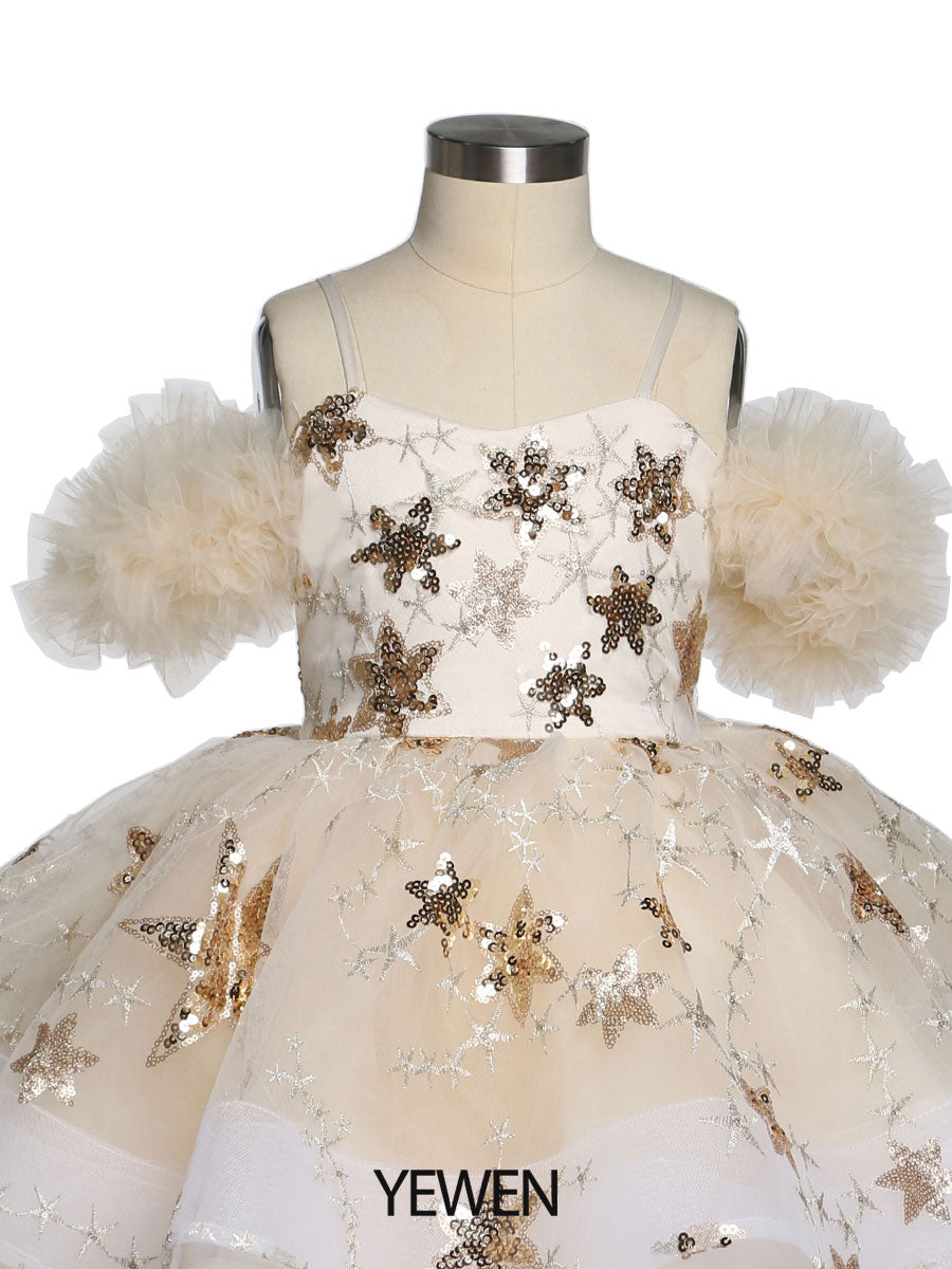 Champagner Stern Tüll Blumenmädchen Partykleider für Hochzeiten Geburtstag Kinder Prinzessin Fotoshooting Kleid Tutu Kleid YEWEN YW21015 