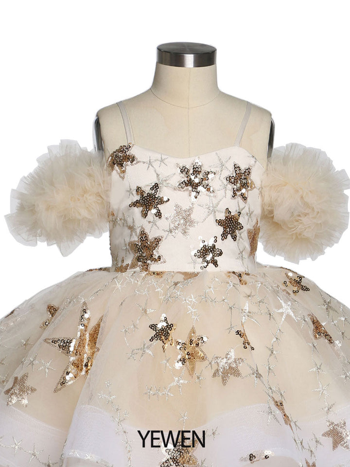 Champagner Stern Tüll Blumenmädchen Partykleider für Hochzeiten Geburtstag Kinder Prinzessin Fotoshooting Kleid Tutu Kleid YEWEN YW21015 