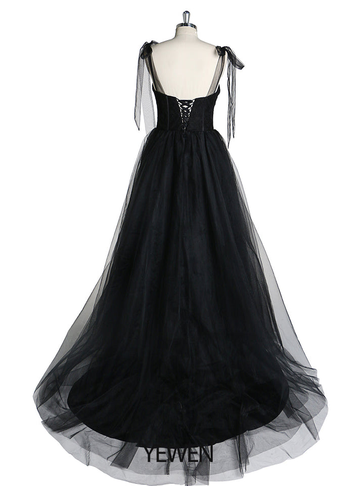 Schwarzes, schlichtes Partykleid mit Spaghettiträgern, formelles Tüllkleid, Abendkleid 