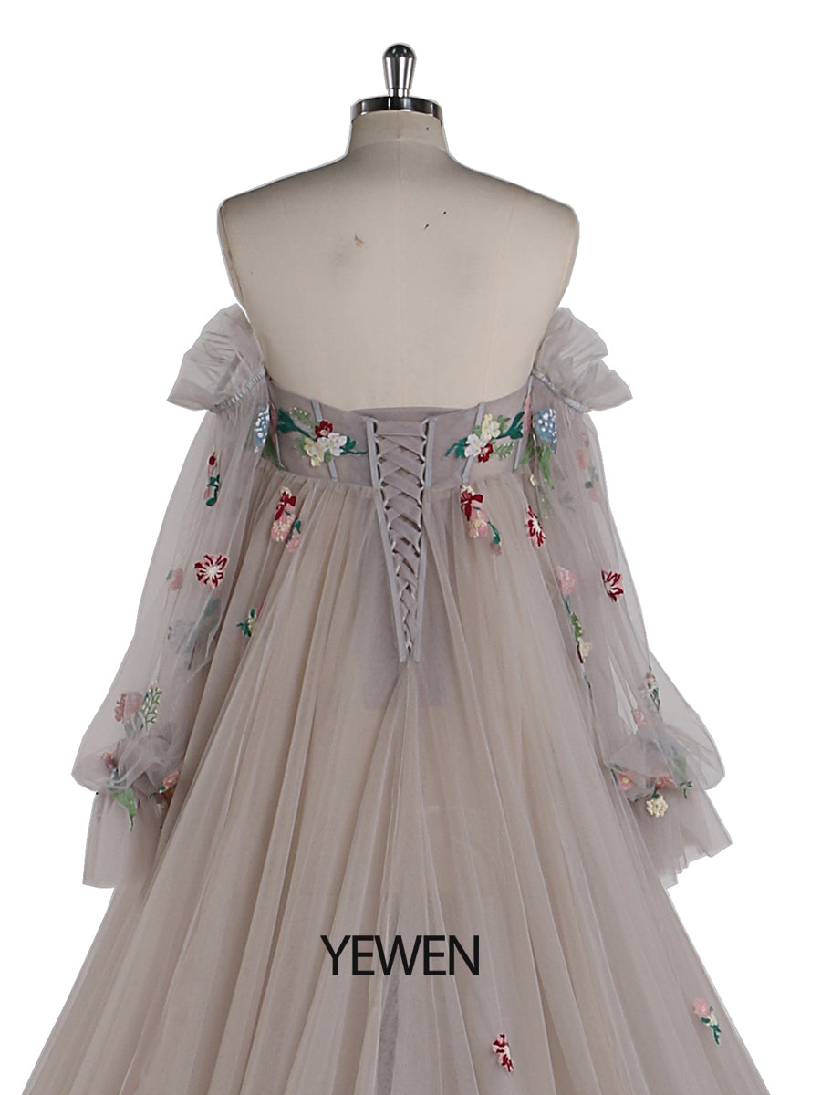 Umstandskleid mit Stickerei und Spitze für Fotoshootings, Schwangerschaft, farbiges Brautkleid YW220331 
